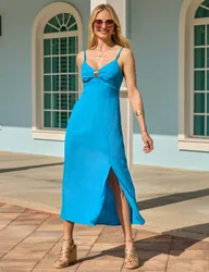 Linen Blend Shell Detail Midi Slip Dress Blue female