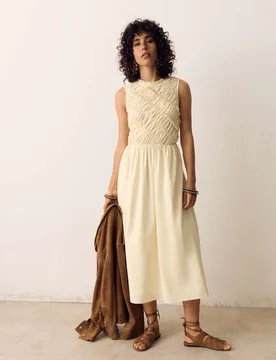 Pure Cotton Shirred Sleeveless Midi Dress Pale Gold female - Per Una - FashionsVida
