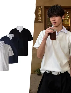 Funny t-shirt High intelligence style fake two-piece T-shirt V-neck versatile college style couple shirt - Aliexpress - FashionsVida