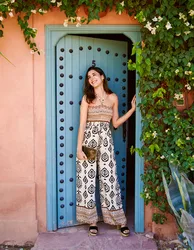 Print Strapless Bandeau Shirred Jumpsuit - S/M / STONE/BLACK - female