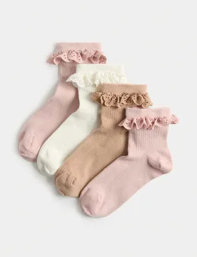Pack Cotton Rich Broderie Frill Socks (6 Small-7 Large) Dusky Pink female - M&S - FashionsVida