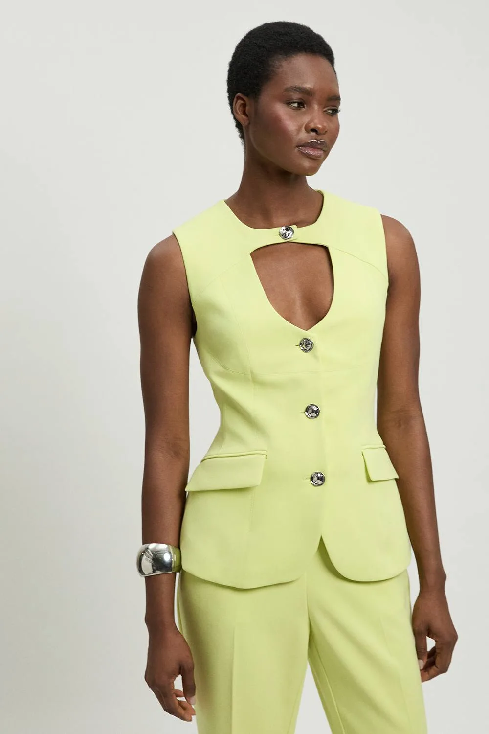Compact Stretch High Neck Sleeveless Jacket - Lime - Size: 12 - Karen millen - FashionsVida