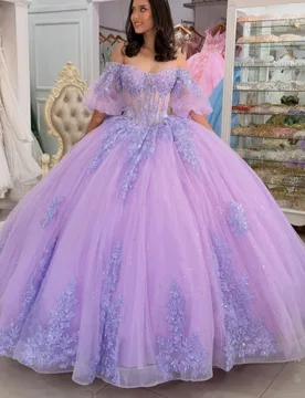 Shiny Lavender Quinceanera Dress Crystal Flower Decal Long tail off-shoulder Bow Vestidos De 15 Quinceanera ﻿Customize - Aliexpress - FashionsVida