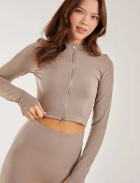 Women's Active Rib Double Zip Top in Stone Size: Medium - Stone - Size: M - Pink Vanilla - FashionsVida