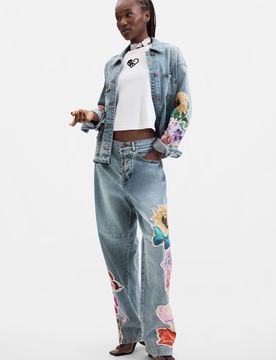 Jean imprimé à fleurs, , Coton, Bleu, 34