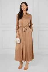 Caramel Velvety Satin Maxi Shirt Dress - Camel - Size: 14