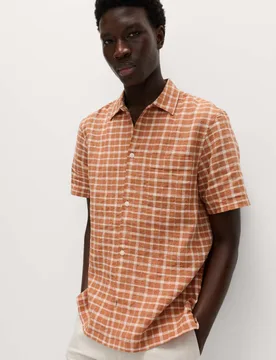 Linen Rich Check Short Sleeve Shirt Orange Mix male - M&S - FashionsVida