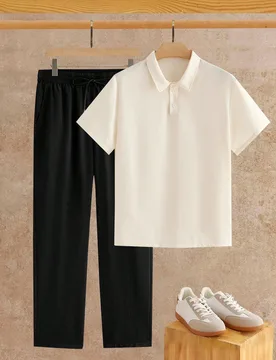 Conjunto de polo de manga corta de unicolor y pantalones casuales para hombre, verano, vacaciones, regalos del Día del Padre - Shein - FashionsVida