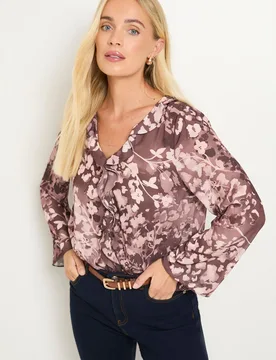 Womens Petite Floral Ruffle Detail V Neck Blouse - Brown - Size 18 Uk - Wallis - FashionsVida