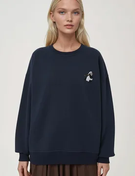 Womens Comfort Animal Pattern Embroidered Raised Crew Neck Sweatshirt - Dark Blue - Size X-Small - Hiccup - FashionsVida