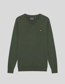 Men's Cotton Blend V-Neck Jumper Cactus Green - Lyle & Scott - FashionsVida