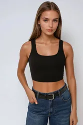 Womens Fitted Crew Neck Cropped Tank Top - Black - Size Medium