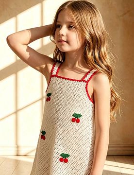 Vestido casual de verano para niñas, vestido de tirantes con tejido de punto calado y flores 3D de ganchillo de colores, adecuado para vacaciones en