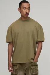 Mens Essential Washed Oversized T-Shirt - Khaki Cotton - Size Small