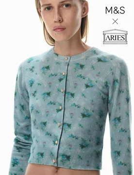 Pure Cashmere Crew Neck Cardigan Blue Mix female - M&S x Aries - FashionsVida