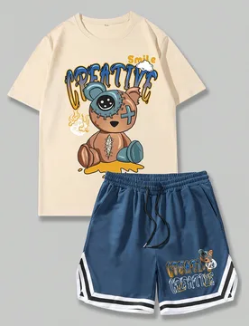 Conjunto de dos piezas de hombre con camiseta tipo jersey de baloncesto con estampado de oso de dibujos animados y letras, y pantalones cortos con cor - Shein - FashionsVida