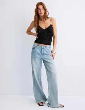 Eng anliegendes Top mit Flockprint und Spitze Schwarz XL - Stradivarius - FashionsVida