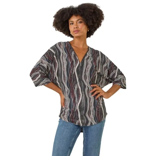 Womens Abstract Print Zip Front Stretch Top - Black - Size 10 Uk - Roman - FashionsVida