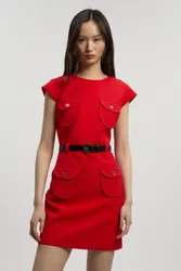 Womens Textured Compact Stretch Tailored Belted Mini Dress - Red - Size 14 Uk