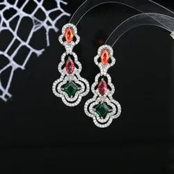 Silver Needle Multicolor Gemstone Tiered Clover Drop Earrings, Women's Fashion Jewelry