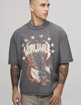 Men's Oversized Boxy Exposed Seam Eagle Print T-Shirt Charcoal Size Small Charcoal S - boohooMAN - FashionsVida