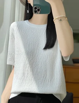 D Relief Ice Silk Knitted Short Sleeved Women's Round Neck Loose Thin Jacquard Top Wth a Base T-shirt 2024Hot Selling Items - Aliexpress - FashionsVida