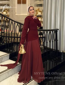 SSYTENS Muslim Modest Formal Evening Dresses Burgundy Long Sleeve Prom Gown With Cape Dubai Women Elegant Party Dress Csutomized - Aliexpress - FashionsVida