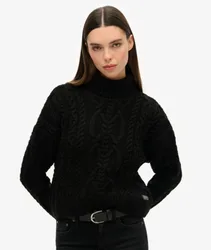 Superdry Damen Strickpullover mit Zopfmuster und Rollkragen Schwarz - Größe: 42