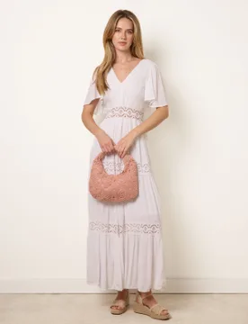 V-Neck Tiered Crochet Detail Maxi Dress - XL / IVORY - female - Blue Vanilla - FashionsVida