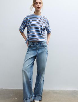 Gestreiftes T-Shirt mit kurzen Ärmeln Mittelblau M
