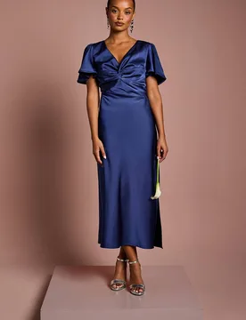 Women's Petite Satin Twist Angel Sleeve Midi Bridesmaid Dress in Navy Size: 16 - Navy - Size: 16 - OASIS - FashionsVida