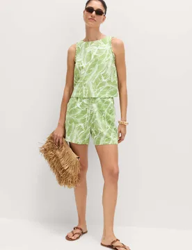 Linen Rich Palm Print Shorts Green Mix female - M&S - FashionsVida