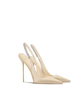 Apricot Pointed Toe Thin Heel High Heel Sandals for Women New Spring Summer Rhinestone Backless - Aliexpress - FashionsVida