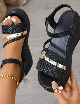 Sandalias de cuña cómodas con banda elástica cruzada de moda para mujer, atuendos de primavera y verano - Shein - FashionsVida