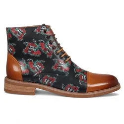 Mens Brown Floral Skull Print Leather Oxford Ankle Boots - Adam - Size Uk 6