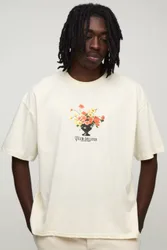Herren Ecru Übergroßes Kastenförmiges T-Shirt Mit Blumen-Mikrodruck Größe Small