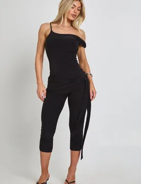 Womens Slinky Asymmetric Neck Capri Jumpsuit - Black - Size 14 Uk - Boohoo - FashionsVida