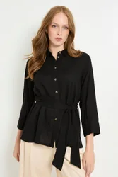 Women's Button Through Linen Blend Belted Shirt in Black Size: 16 - Black - Size: 16