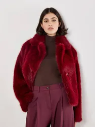 Faux Fur Short Coat - Burgundy - Size: 14