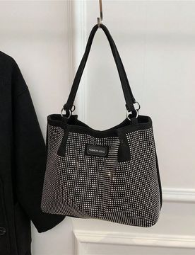 Bolso de mano de gran capacidad para mujer, bolso de hombro con totes de moda con rhinestone para ir al trabajo, color negro