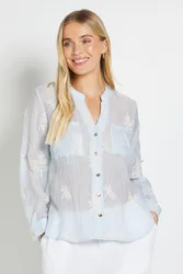 Womens Petite Embroidered Overhead Shirt - Blue Cotton - Size 12 Uk
