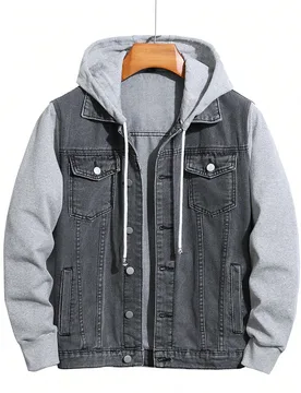 Chaqueta de mezclilla con capucha de manga larga para primavera/otoño, con bloqueo de color y cordón, para vacaciones, talla grande para hombres - Shein - FashionsVida