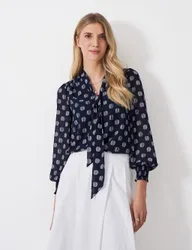 Chiffon Spot Print Tie Neck Blouse Navy female