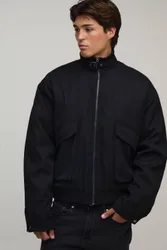 Herren Normal Geschnittene Bomberjacke Aus Polyester-Twill Mit Schornsteinkragen Black Größe XS