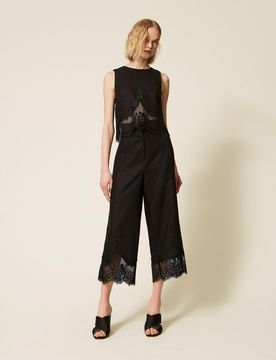 Pantalon cropped en lin avec dentelle