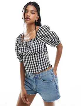 Womens Cropped Top With Square Neck In Mono Gingham - Black - Size Small - Vero moda - FashionsVida