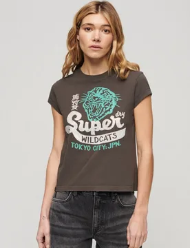 Superdry Damen Verziertes T-shirt mit Poster-print und Flügelärmeln Dunkelgrau - Größe: 36 - 49.99 - FashionsVida