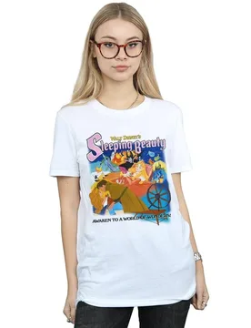 Women's Sleeping Beauty Collage Poster Cotton Boyfriend T-Shirt in White Size: Small - White - Size: S - Disney - FashionsVida