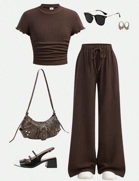 Conjunto de 2 piezas para niñas jóvenes con top de cuello alto ajustado de punto texturizado en color café con pliegues laterales y pantalón de pi