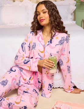 Modal Rich Cat Print Pyjama Set Pink Mix female - Boux Avenue - FashionsVida